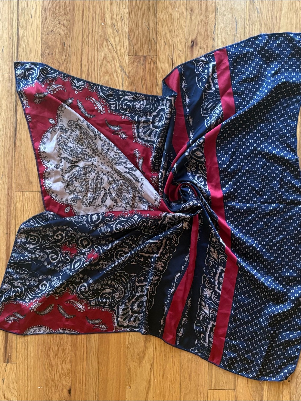 Satin Paisley Bandana Print Scarf - Navy & Burgundy